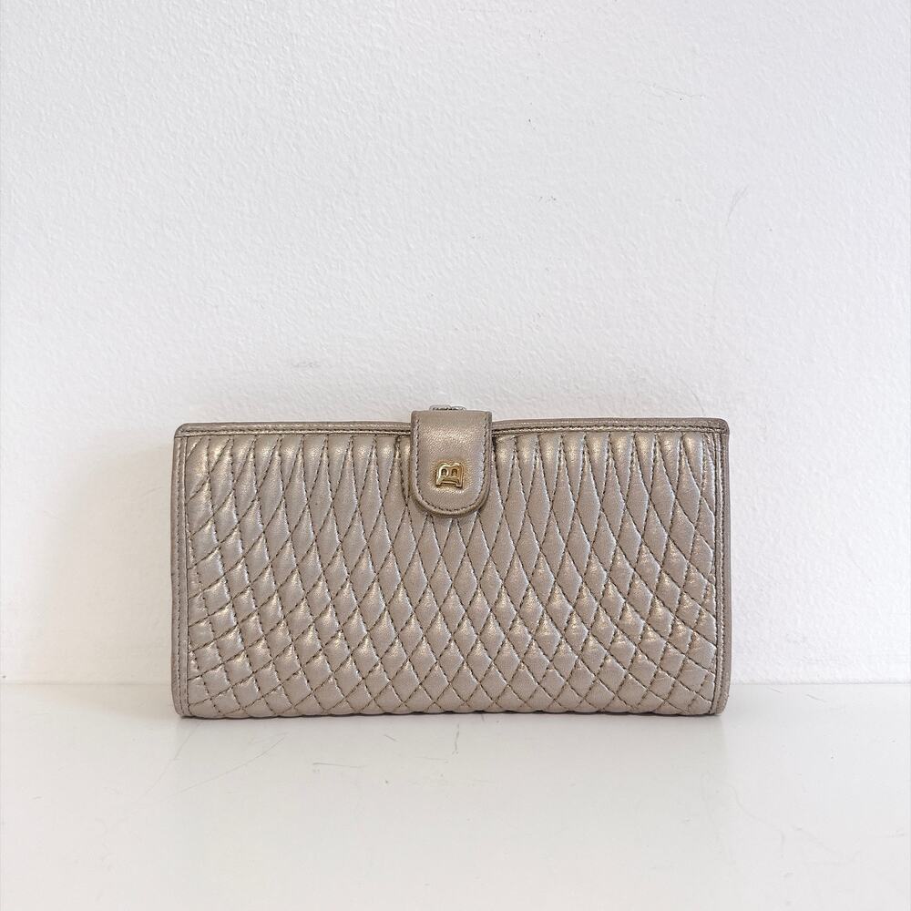 VTG BALLY METALLIC TAUPE QUILTED LAMBSKIN LONG WALLET SNAP-TAB CLOSURE